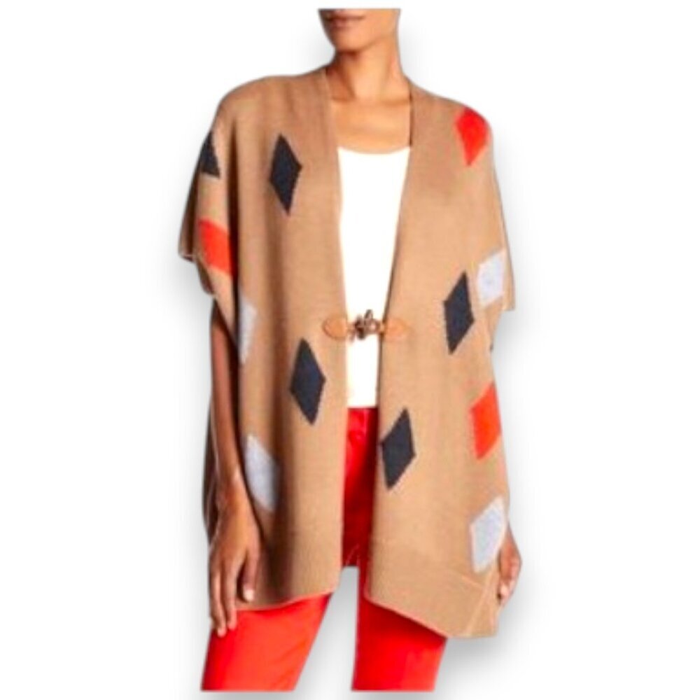 Trina Turk Merino Wool Diamond Print Knit Poncho Tan OS Leather Strap